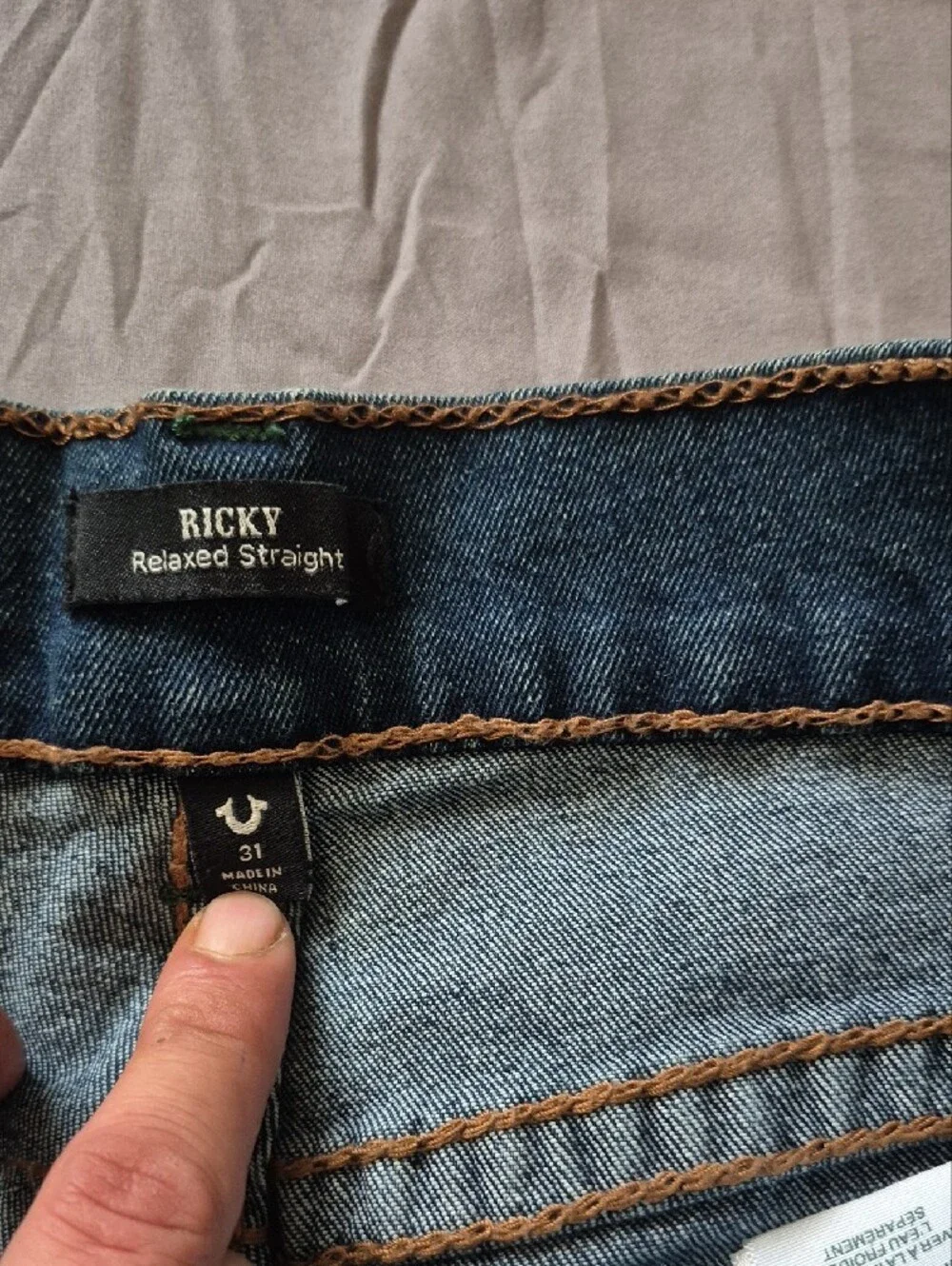 True Religion Skinny Jeans in Faded Blue with Green Stitching